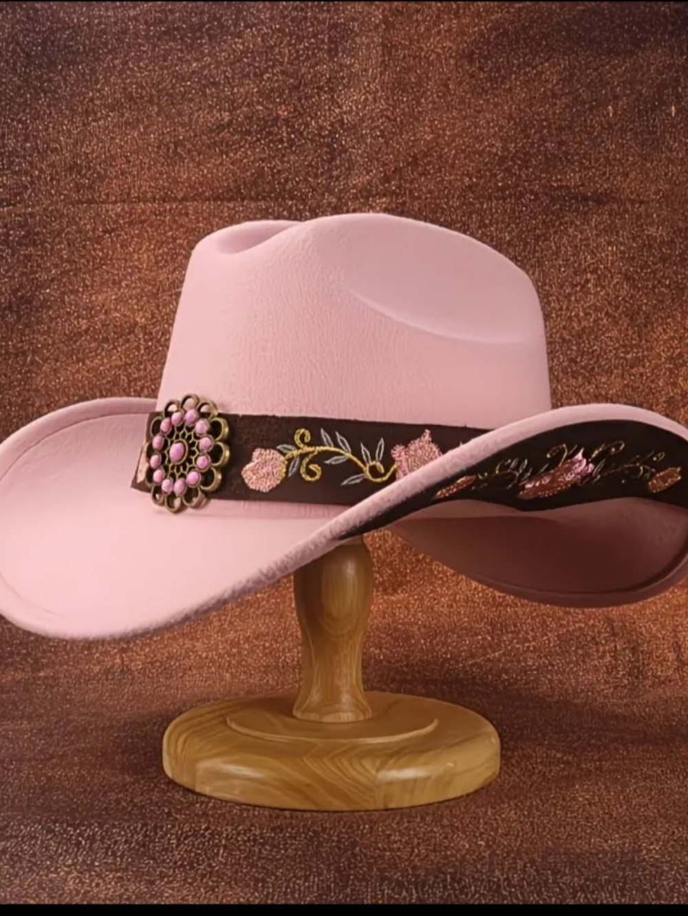 Women's Pink Embroidered Western Cowboy Hat with Floral Band